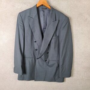 John‎ Henry Jacket Mens 40L Gray Check Double Breasted Blazer Wool Blend Coat